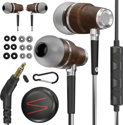 Symphonized NRG 3.0 Wood Earbuds in black — premium wired earbuds with Bubinga wood housing